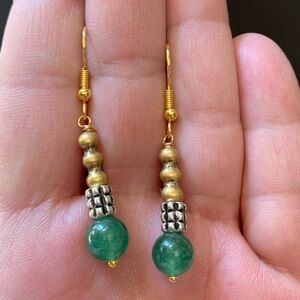 ❤️5/$15 Mixed Metal Handcrafted Faux Green Jade Drop Earrings